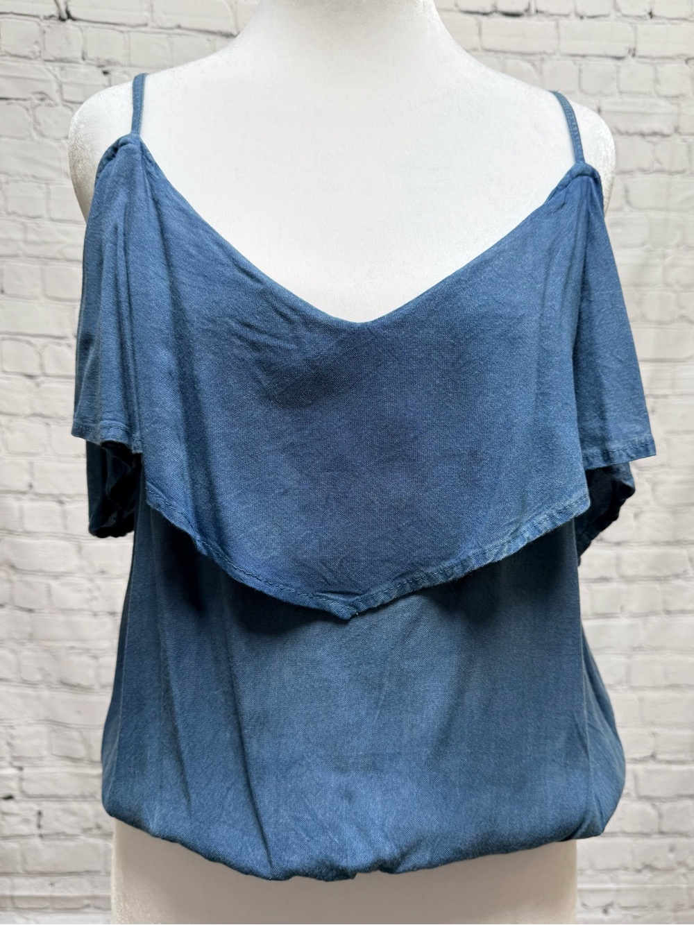 Tramp Blue Cold-Shoulder Ruffle Camisole